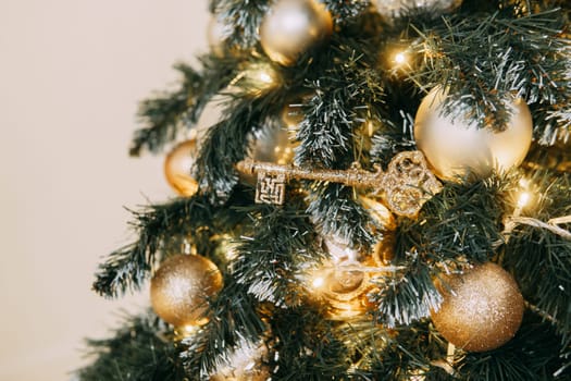 Christmas balls in close-up on the Christmas tree. Decorations for Christmas trees. The concept of celebrating New Year and Christmas