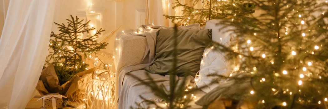 Interior bedrooms in Scandinavian style, decorated for the Christmas holidays. Live ate in the interior