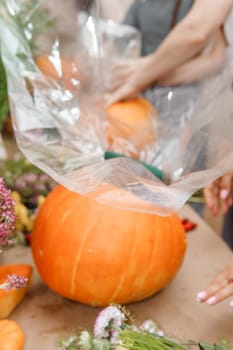Creating a floral composition in a pumpkin. Making decor with your own hands