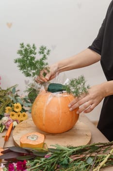Creating a floral composition in a pumpkin. Making decor with your own hands