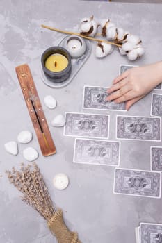 TVER, RUSSIA - FEBRUARY 18, 2024. Tarot cards, Tarot card divination, fortune telling. Occultism, esoteric education