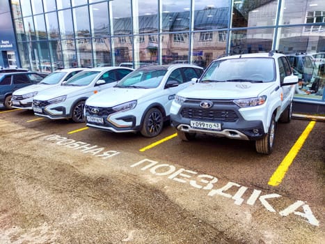 Kirov, Russia - April 27, 2023: Car in showroom of dealership Avtovaz, Lada in Russia. Russian car in big showroom
