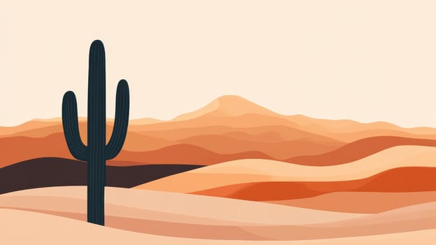 cactus in a desert landscape with mountains at sunset, minimalist art. nature and tranquility concept.
