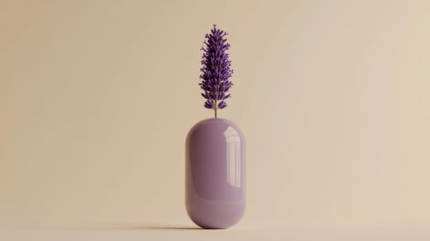 Lavender flower in purple capsule on beige background, minimalistic calming concept.