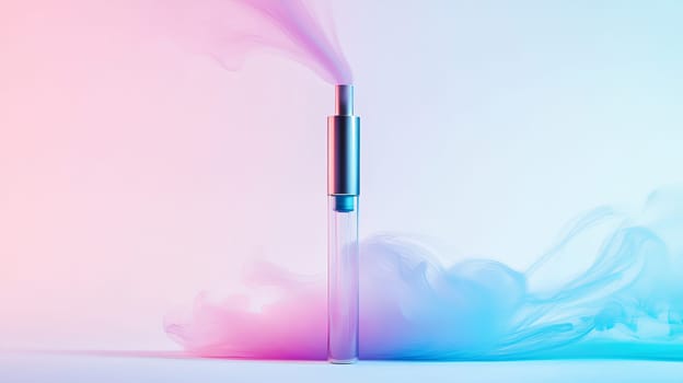 Vape with colorful smoke against gradient background.