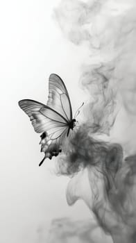 Black and white butterfly with smoke effect, ethereal beauty concept.