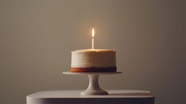 Single-tier vanilla cake with lit candle, minimalistic celebration. Birthday or anniversary concept.