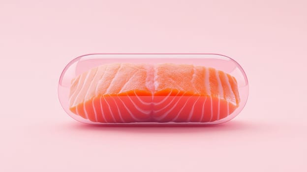 Salmon fillet encapsulated in transparent pill on pastel pink background.