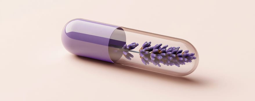 Lavender in capsule on pastel background, creative health concept.