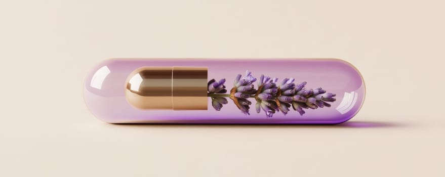 Lavender encapsulated in a pill, minimalist design. Health and wellness concept.