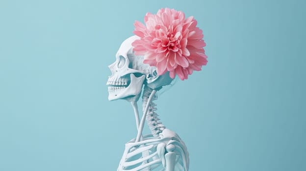 Skeleton with pink flower against blue background, conceptual art.