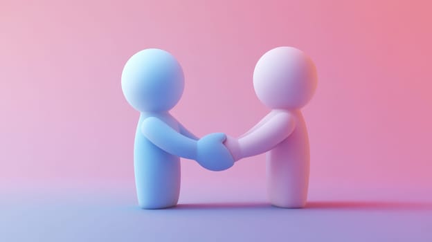 Two cartoon figures shaking hands on a pastel gradient background. Unity and teamwork concept.