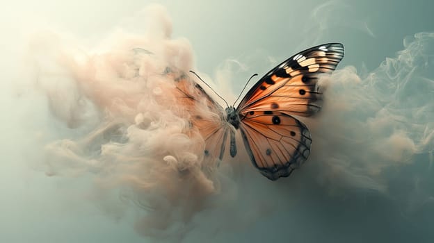 Butterfly in swirling mist on light background.