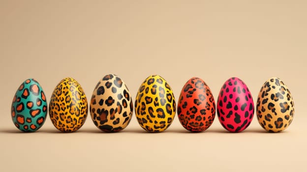 Colorful easter eggs with leopard print patterns in a row, playful design concept.