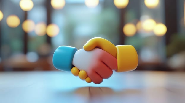 Colorful handshake illustration against blurred background, symbol of cooperation.