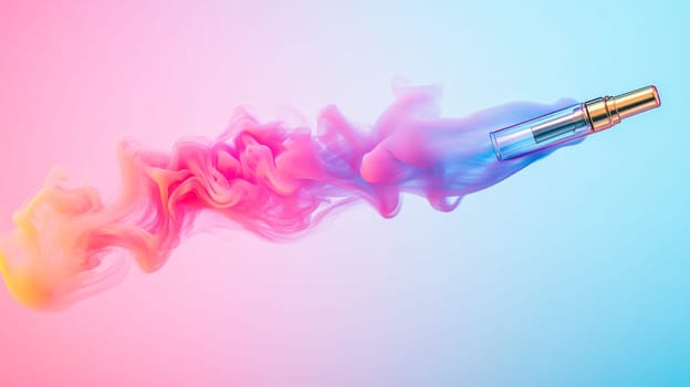 Vape pen with colorful smoke on gradient background.