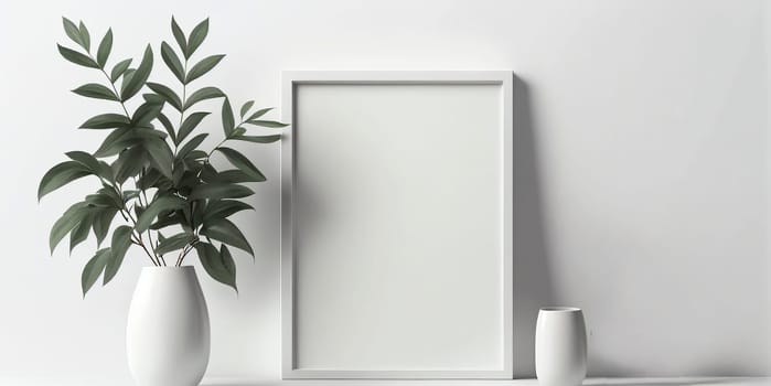 A beautiful picture frame is hanging on a wall right next to two lovely potted plants that add a touch of nature to the room