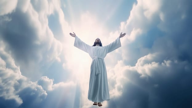 Jesus is soaring through the fluffy clouds above, with his arms widely outstretched in a gesture of joy and welcome to all below