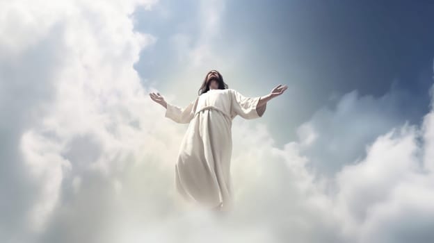 Jesus is soaring through the fluffy clouds above, with his arms widely outstretched in a gesture of joy and welcome to all below