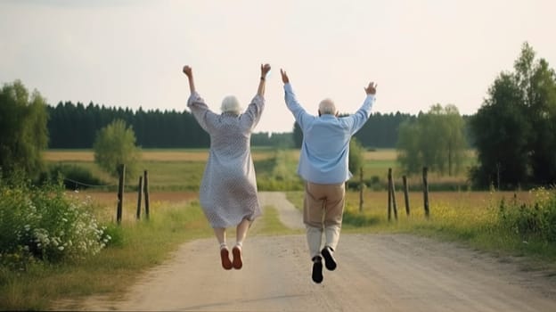 An elderly couple joyfully holding hands with their arms raised high into the air, demonstrating a happy and carefree spirit together