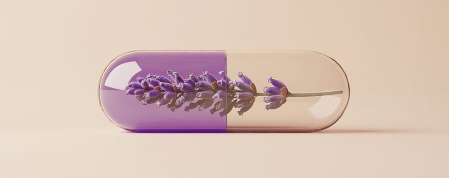 Lavender sprig encapsulated in transparent pill, minimalistic still life. Nature meets medicine concept.