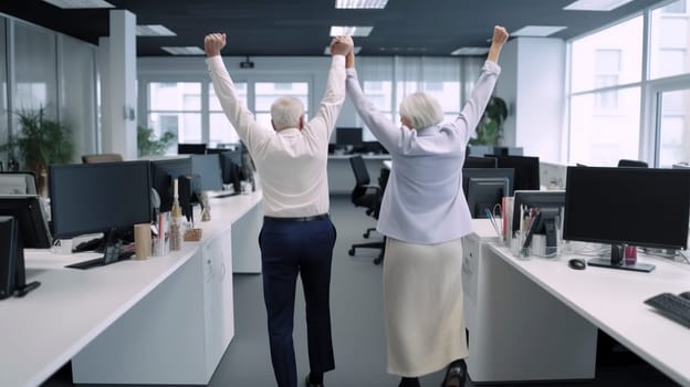 A man and a woman are both standing excitedly in an office, with their arms raised high in the air, celebrating a significant achievement or moment