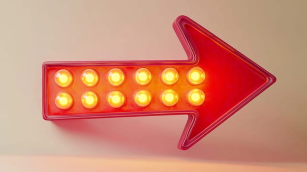 Illuminated red arrow sign on wall, retro signage concept.