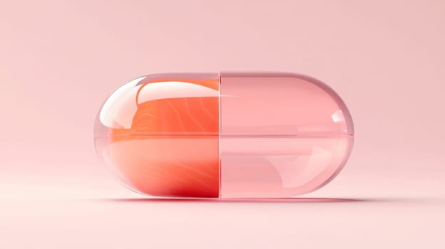 Pink capsule with salmon texture, minimalistic design. Creative health and wellness concept.