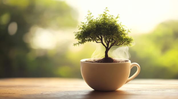 Small tree growing in a coffee cup on a wooden table, creative concept. Sustainability and nature harmony idea.