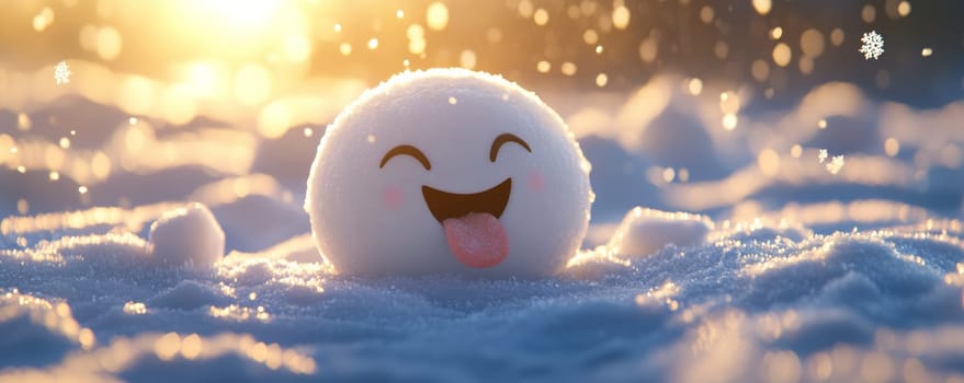 Cute snowball character in sunlight, winter joy concept.