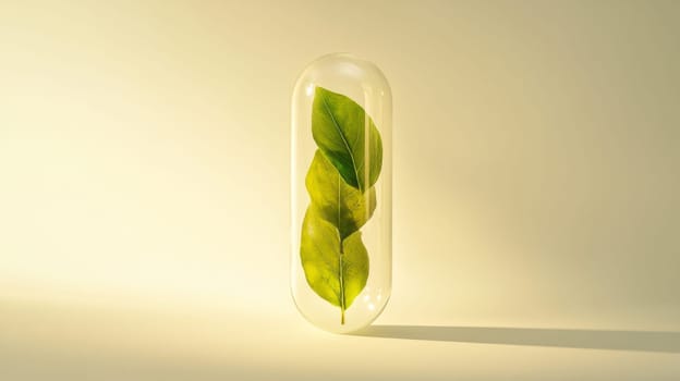 Green leaves encapsulated in transparent capsule, innovation and nature concept.