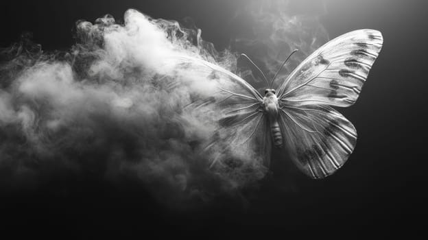 Butterfly emerging from smoke in black and white.
