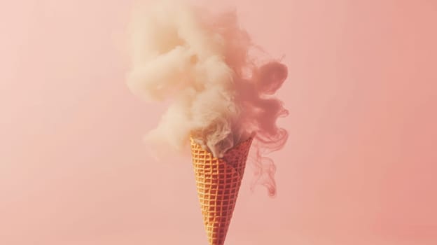 Ice cream cone with pink smoke on soft pink background, surreal concept.