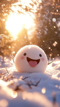 cute snowball character in winter forest at sunrise, playful expression. whimsical winter and happiness concept.
