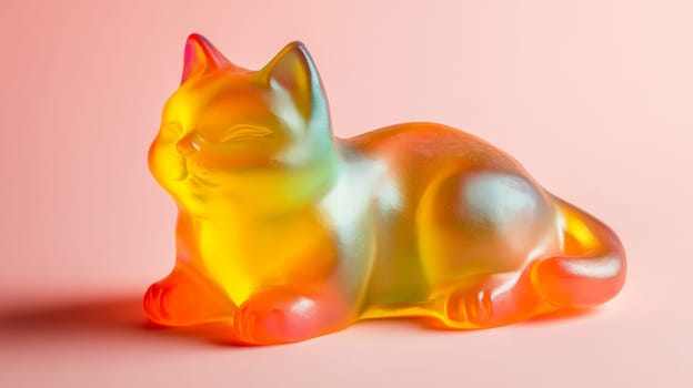 Colorful translucent gummy cat on pink background.