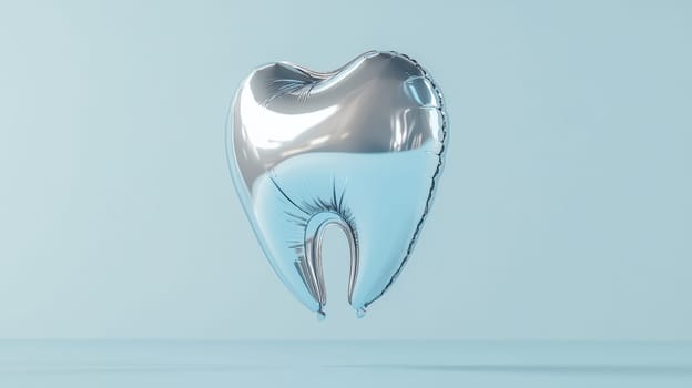 Metallic tooth-shaped balloon floating on light blue background, conceptual art. Creativity and dental health concept.