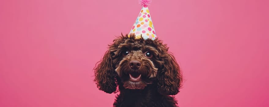 Dog wearing a colorful party hat against pink background.