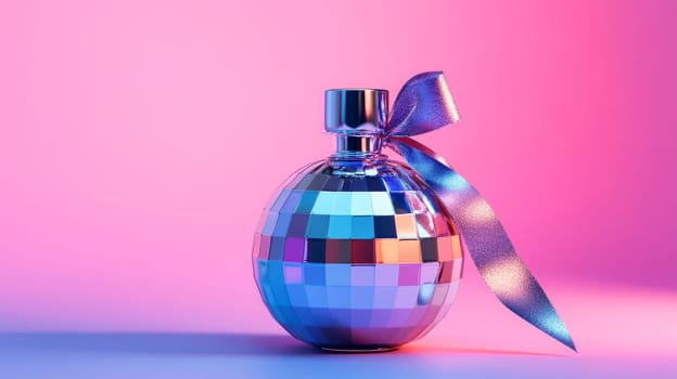 disco ball style perfume bottle with ribbon on gradient background.