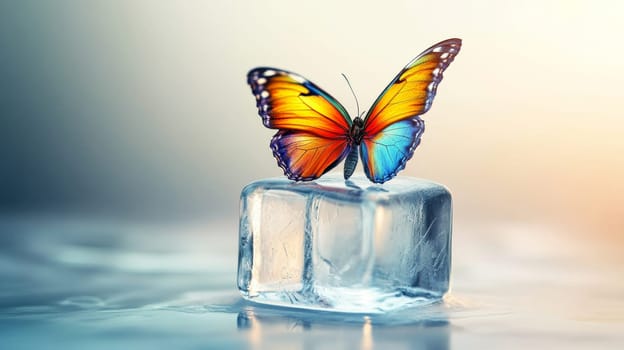 Colorful butterfly perched on an ice cube with soft gradient background. Contrast of warmth and cold concept.