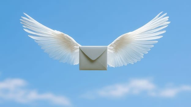 Envelope with angel wings flying in blue sky, symbolic message delivery.
