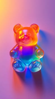 Colorful gummy bear in vibrant rainbow light, playful candy art concept.