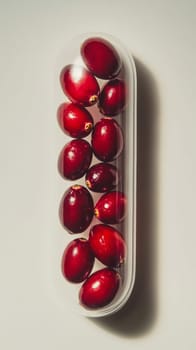 Red cranberries in transparent capsule on white background.