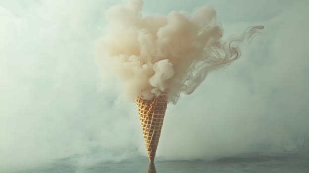 Ice cream cone filled with smoke on reflective surface, surrealist art concept.