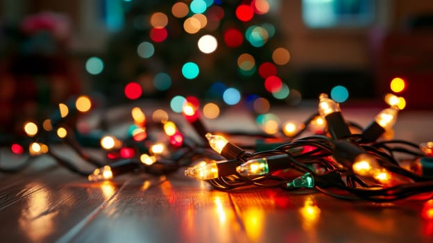 Festive christmas lights on wooden floor, bokeh and holiday atmosphere concept.