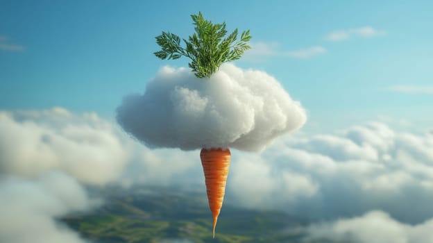 Floating carrot with cloud in sky, surreal fantasy concept.