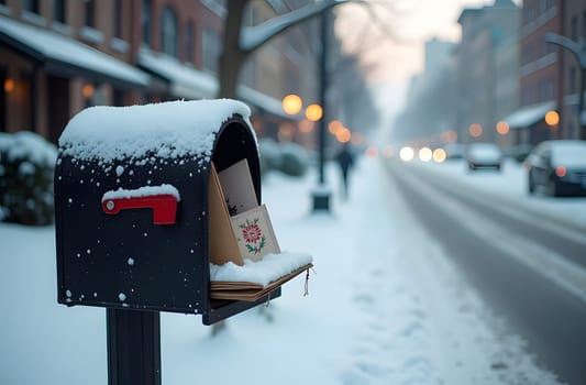 A mailbox, dusted with snow, overflows with festive Christmas cards and letters. The serene winter street in the background adds to the calm, holiday atmosphere, evoking feelings of warmth and connection