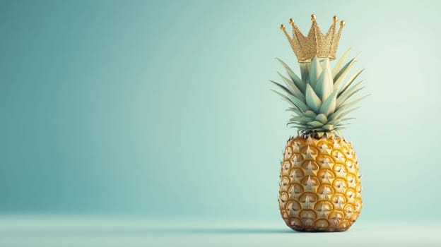 Pineapple with a golden crown on blue background. Creative concept of tropical royalty.