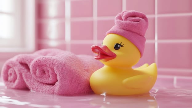 Rubber duck with towel in pink bathroom.