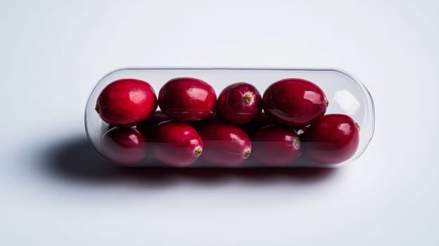 Red cranberries inside a transparent capsule on a white background. Health and nutrition concept.