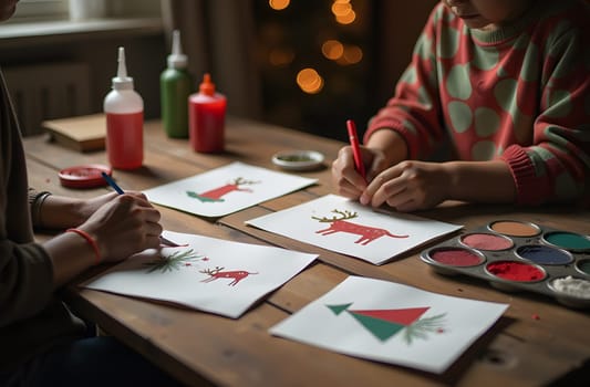A large wooden table is covered with postcards, glue, glitter, and paints as children and parents engage in a fun arts and crafts session, creating handmade greeting cards together. The atmosphere is filled with creativity and joy